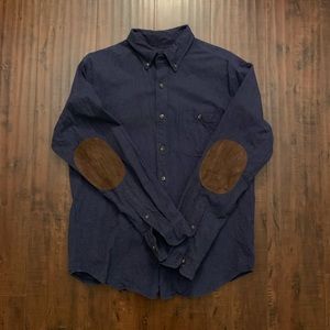 Navy Blue J Crew button down with brown elbow pads